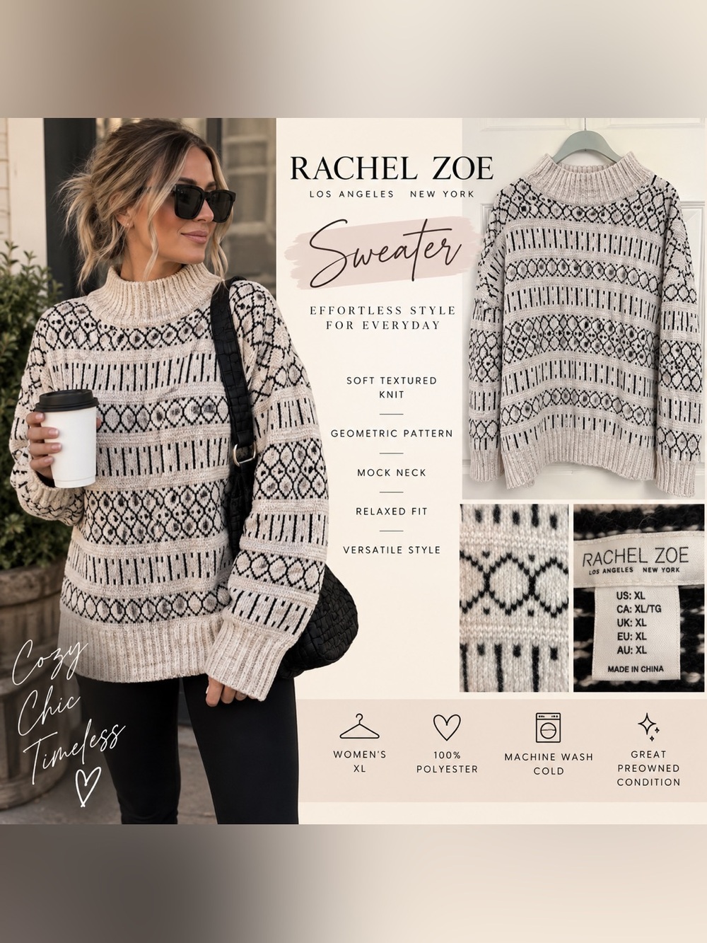 Rachel Zoe XL Geometric Chenille Mock Neck Sweater Black Cream